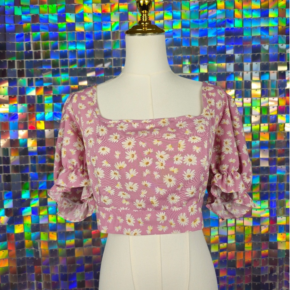 Daisy Floral Crop Top Womens 2XL Pink Excellent Puff Sleeve Tie Back Layering